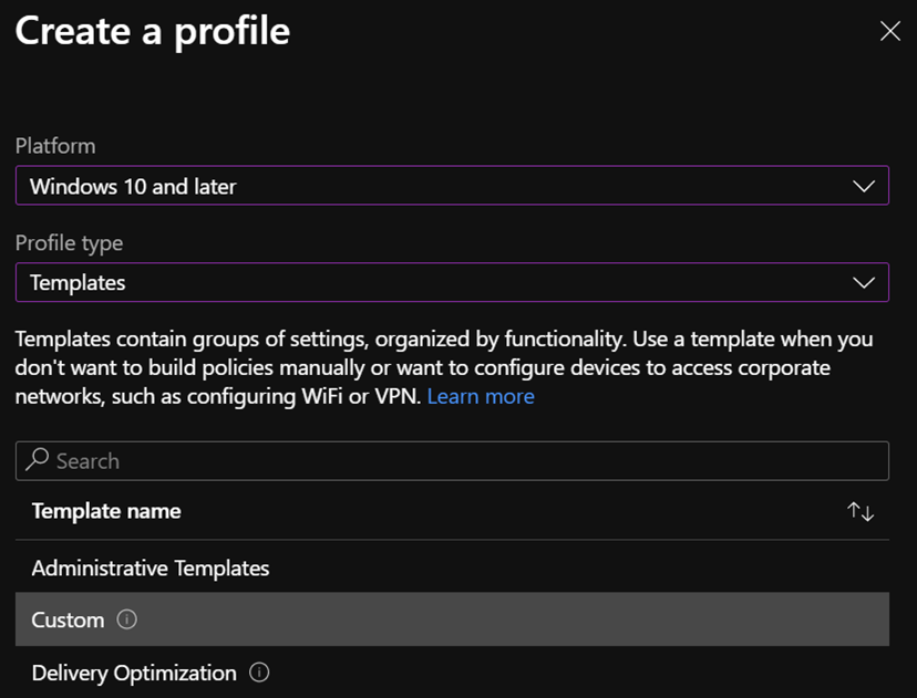 Crea un profilo con queste date nel portale di Endpoint Manager per configurare i criteri dell'elenco di esclusione di BitLocker.