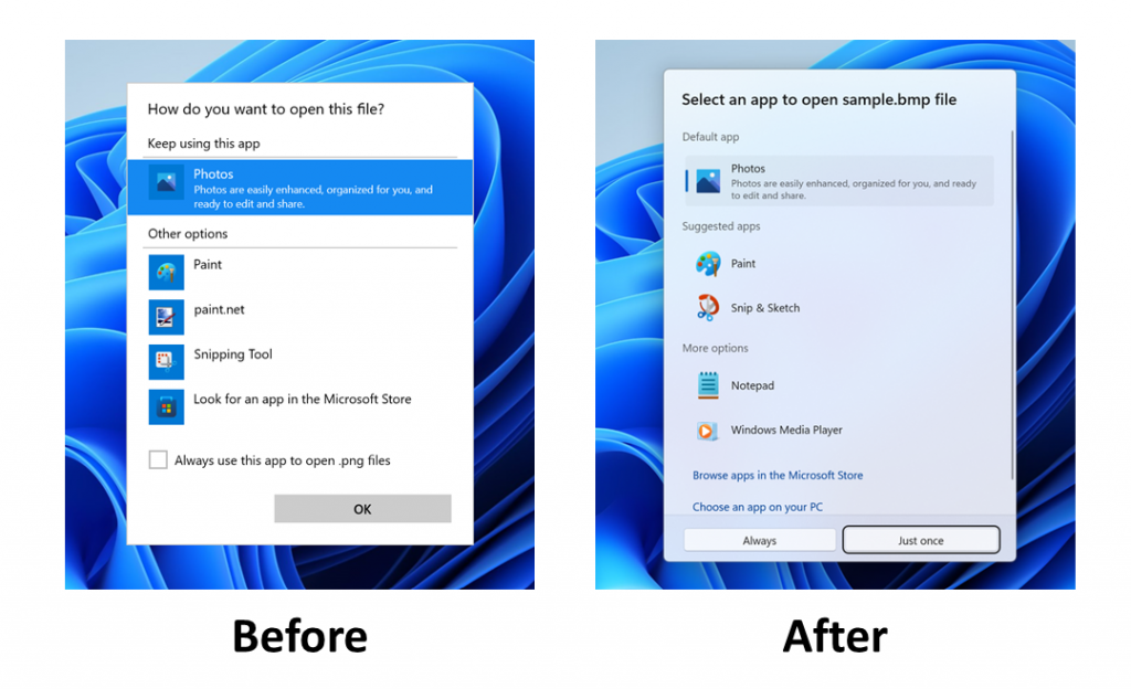 La finestra di dialogo "Apri con" prima e dopo con il design aggiornato.