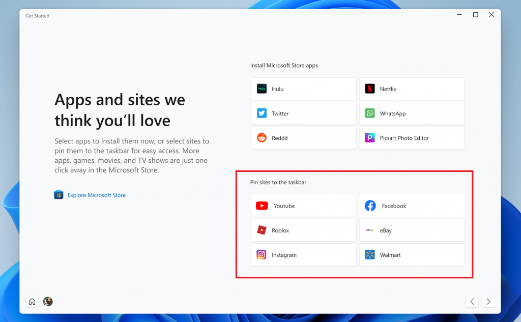 Site suggestions in the Get Started app that you can pin to your taskbar.