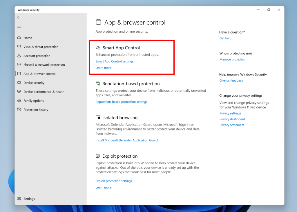 Smart App Control listed under “App and browser control” in Windows Security.