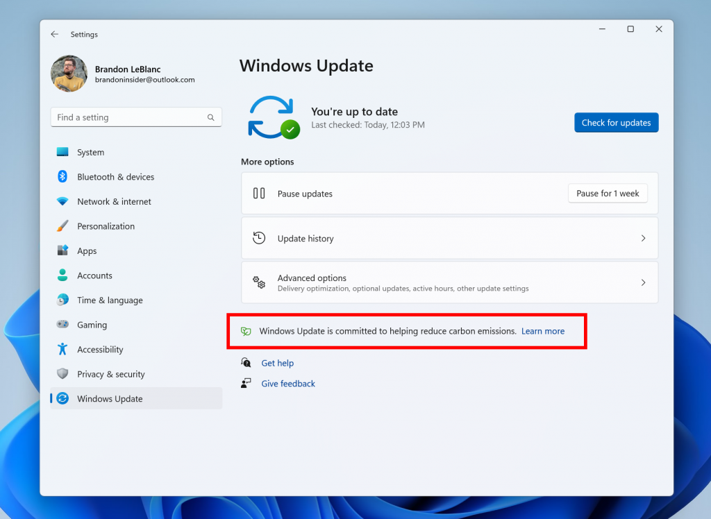 Text as it appears in Windows Update when prioritizing installing updates in the background when more clean energy sources are available. 