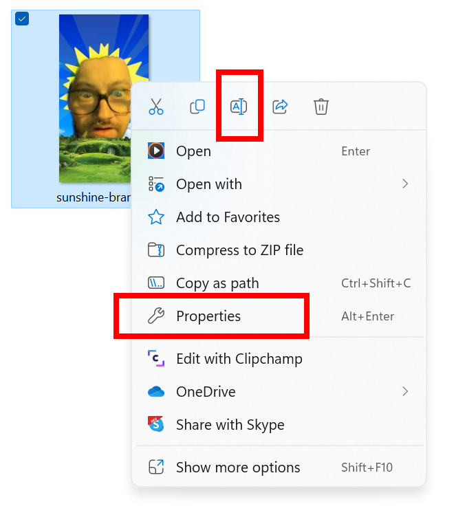 Context menu in File Explorer showing the updated icons for rename and properties.