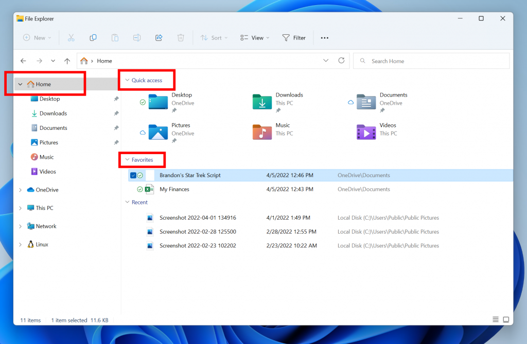 The default homepage of File Explorer is now called Home with the name Quick access repurposed for the pinned/frequent folders section and Pinned files is now called Favorites.