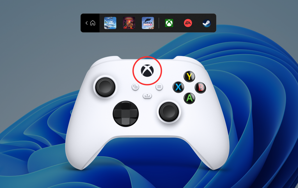 Rufen Sie die Controller-Leiste auf, wenn Sie sich nicht bereits in einem Spiel befinden, indem Sie die Xbox-Taste auf Ihrem Controller drücken.