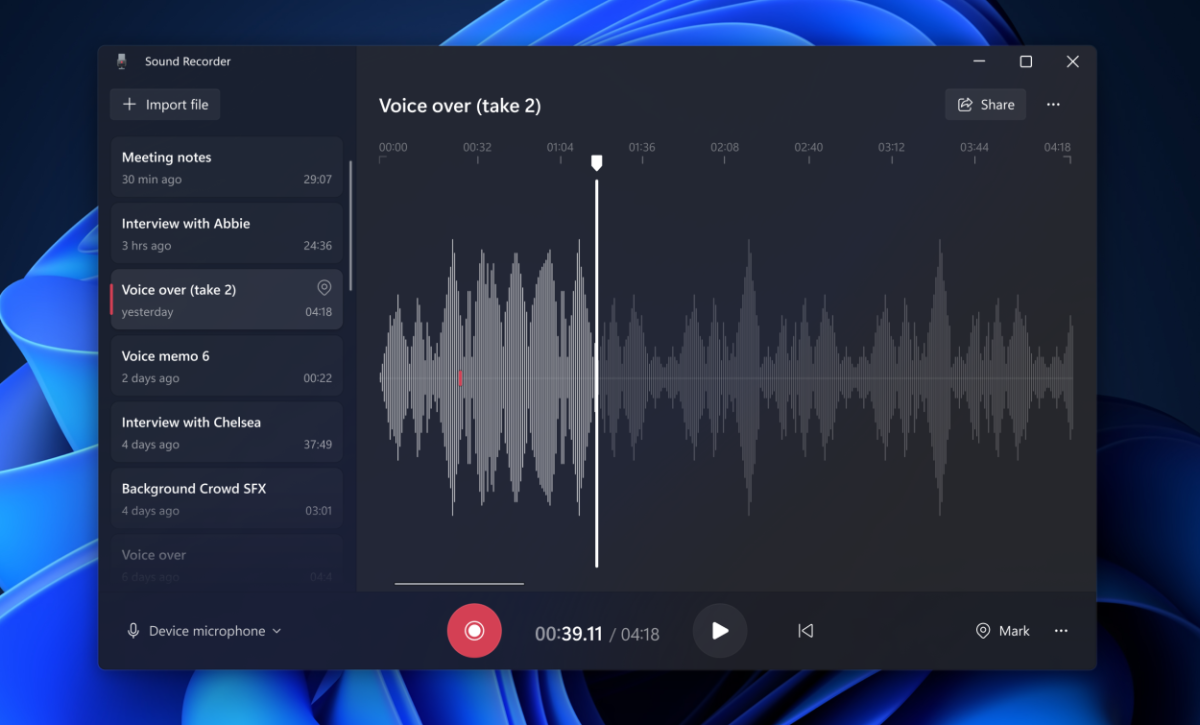 The new Sound Recorder now in Preview with WIndows Insiders.