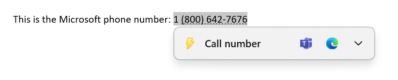 Suggested actions online after copying a phone number.