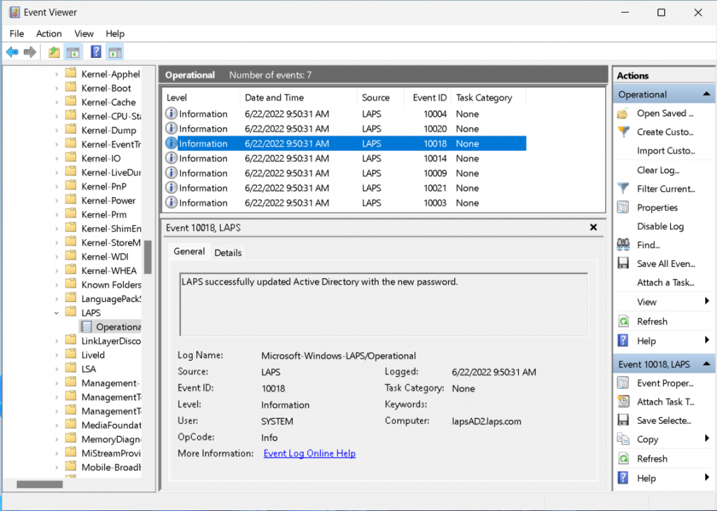 Easily track the outcome of all LAPS operations in the event log.