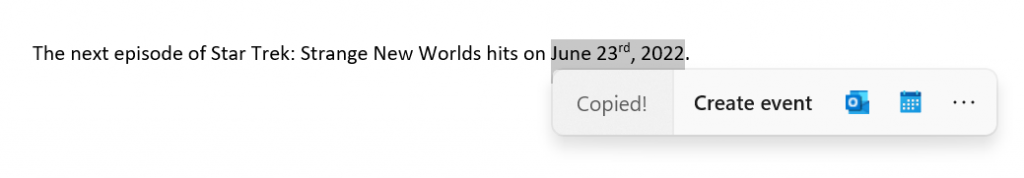 Inline suggested actions after copying a date or time.