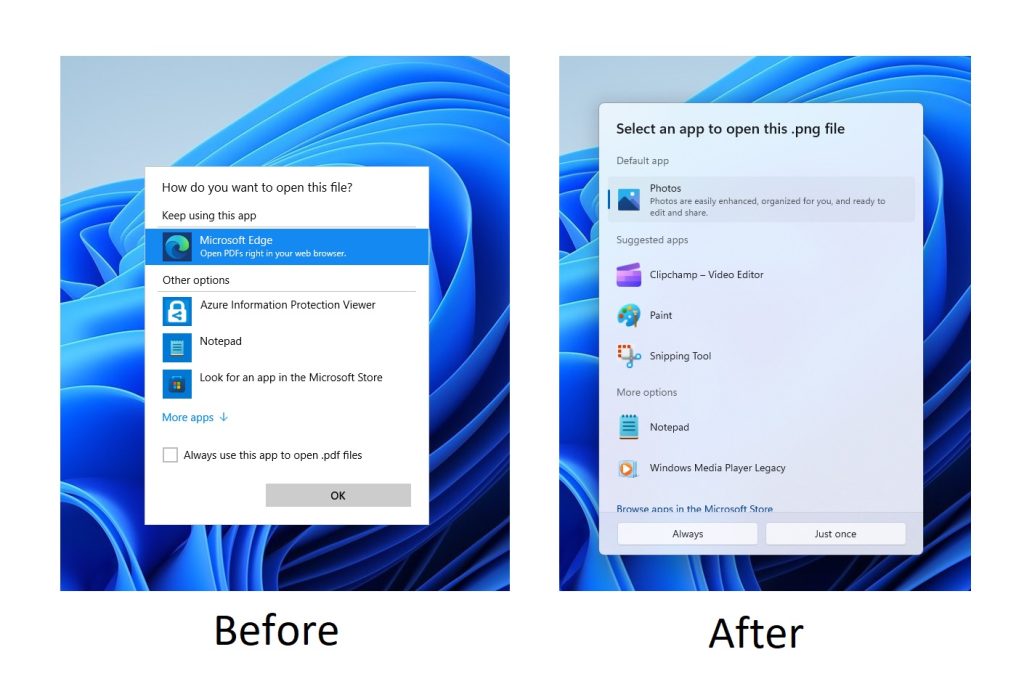 The “Open with” dialog before and after with the updated design.