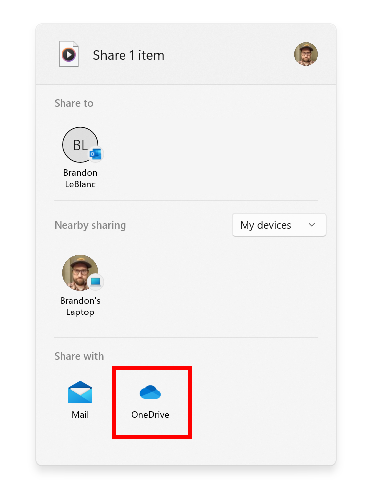 Você pode selecionar o OneDrive como destino para carregar diretamente um arquivo no OneDrive por meio da janela de compartilhamento interna do Windows.