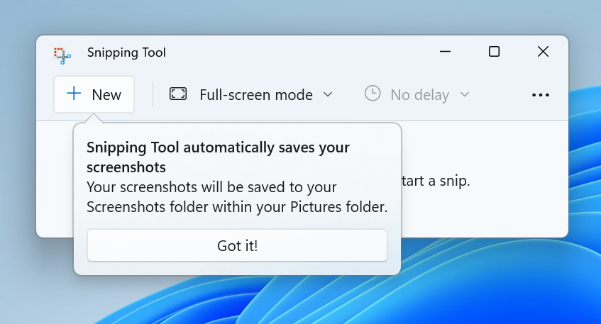 Snipping Tool automatically saves your screenshots.