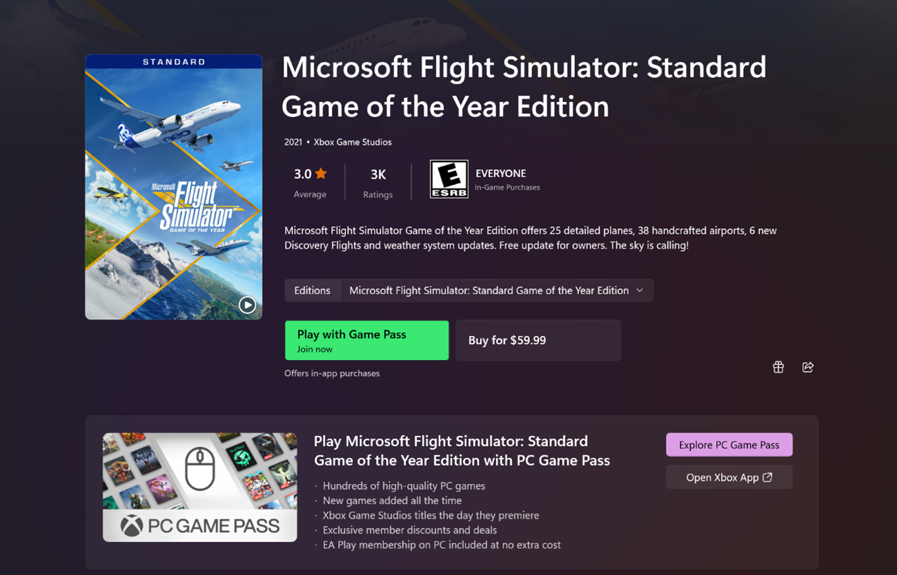 应用商店中的游戏显示它是否包含于 Xbox Game Pass 订阅，以及当前的价格