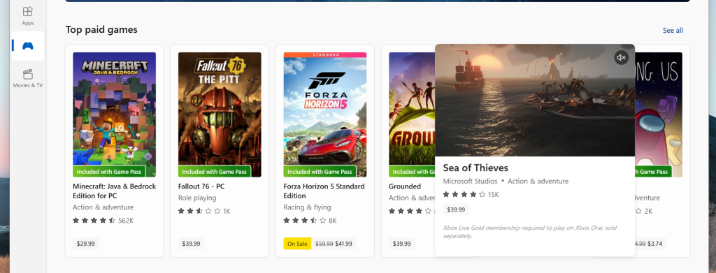 Microsoft Store でのゲームや映画の予告編のポップアップ。