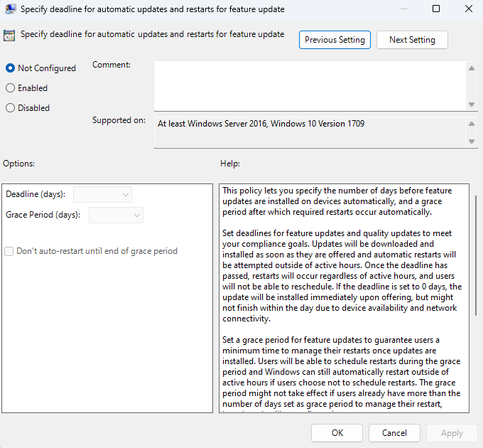 Screenshot dell'impostazione di criteri di gruppo "Specifica la scadenza per gli aggiornamenti automatici e i riavvii per gli aggiornamenti delle funzionalità".