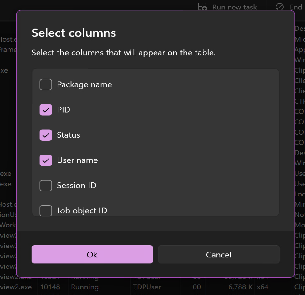 In-App-Dialogfelder, z. B. das Auswählen von Spalten auf der Seite Details, werden im ausgewählten Design für den Task-Manager angezeigt.