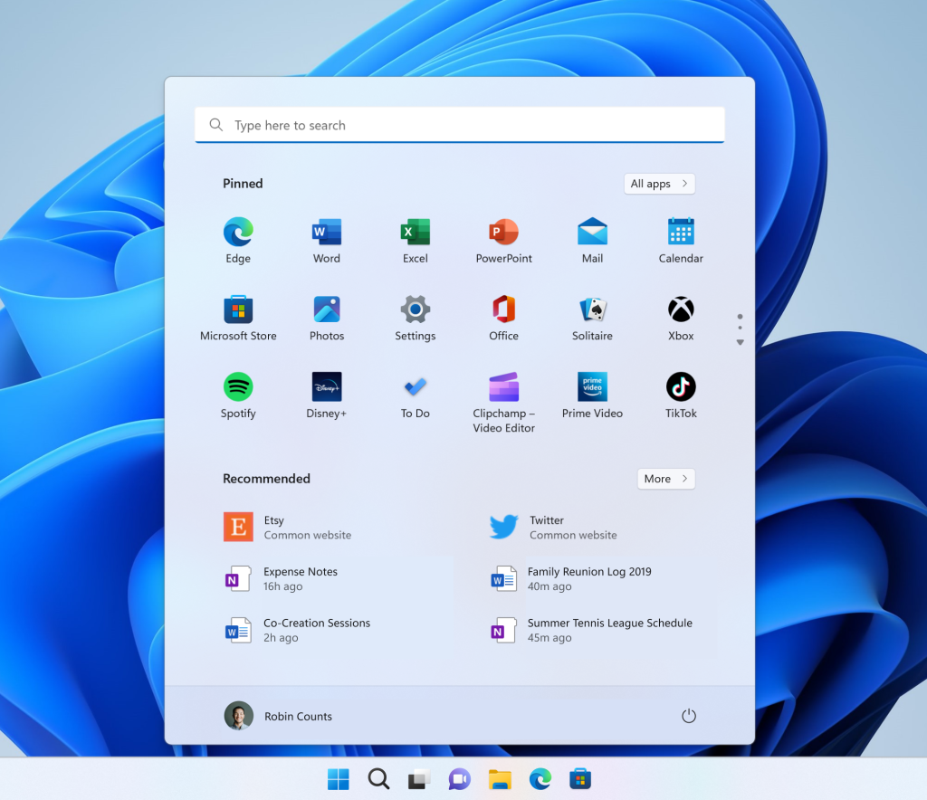 The start menu with websites in the Recommended section.