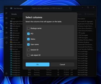 Le finestre di dialogo in-app come la selezione delle colonne nella pagina Dettagli verranno visualizzate nel tema selezionato per Task Manager.