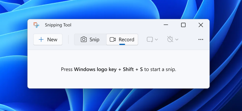 The Snipping Tool app opened with the new record option available.
