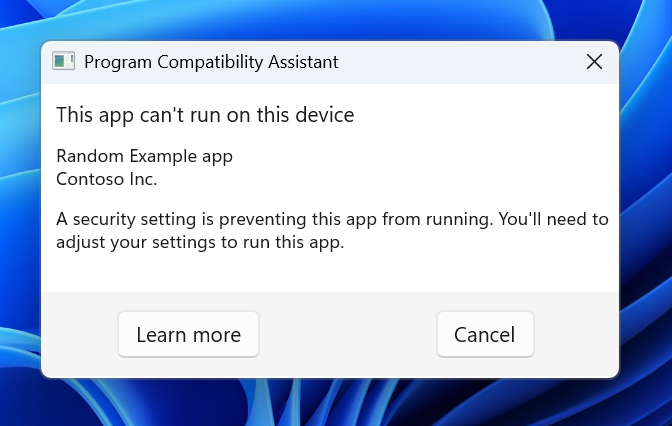 Der Dialog, der anzeigt, wenn eine App ein bekanntes Kompatibilitätsproblem hat, verwendet jetzt das neue Windows 11-Design.