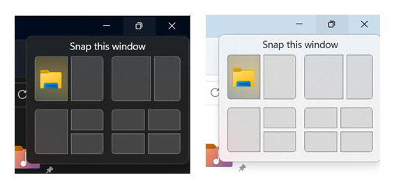 Example of a snap layout treatment we’re trying with Windows Insiders in the Dev Channel.