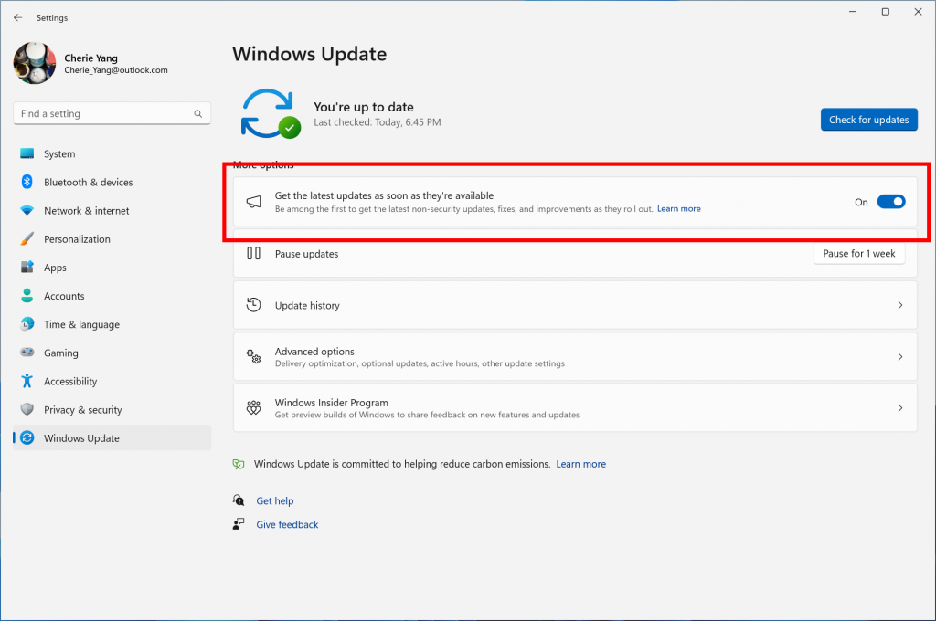 New toggle on the Windows Update settings page for getting the latest updates as soon as they are available.