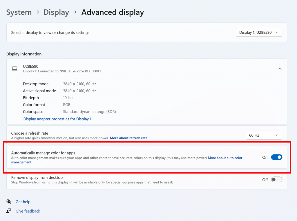 Auto Color Management setting in the Advanced display settings page.
