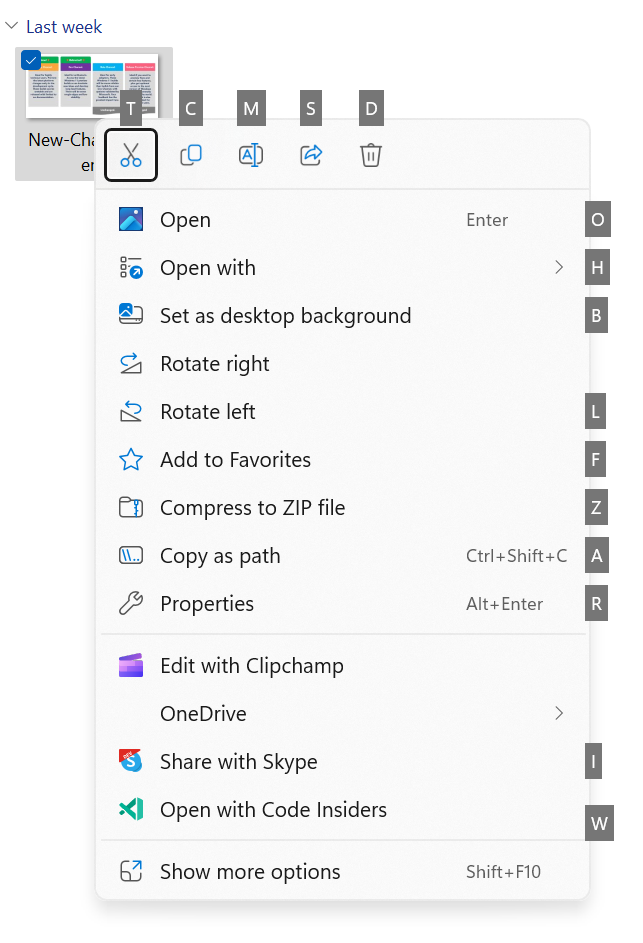 Access keys in the XAML context menu in File Explorer.