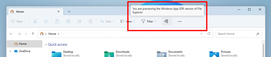 رمز Pizza في شريط أوامر File Explorer للإشارة إلى معاينة إصدار Windows App SDK من File Explorer.