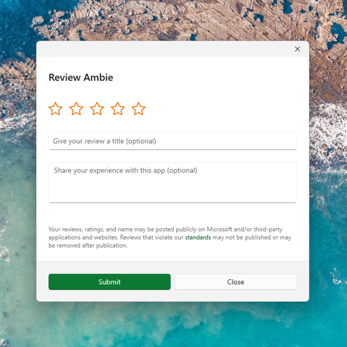 New UX for in-app ratings dialog in the Store.