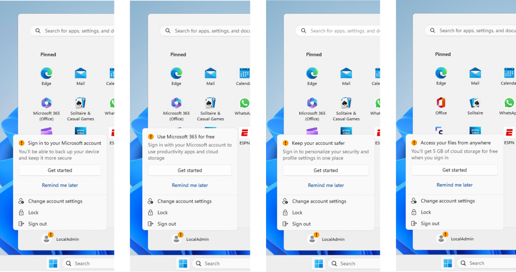 Diversi trattamenti del badge nel menu Start che evidenziano i vantaggi dell'accesso con un account Microsoft per gli utenti che hanno effettuato l'accesso con un account utente locale.