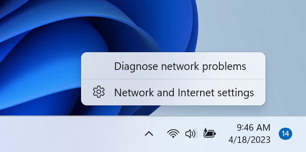 Option pour diagnostiquer les problèmes de réseau ajoutée lorsque vous cliquez avec le bouton droit sur l'icône du réseau dans la barre d'état système.