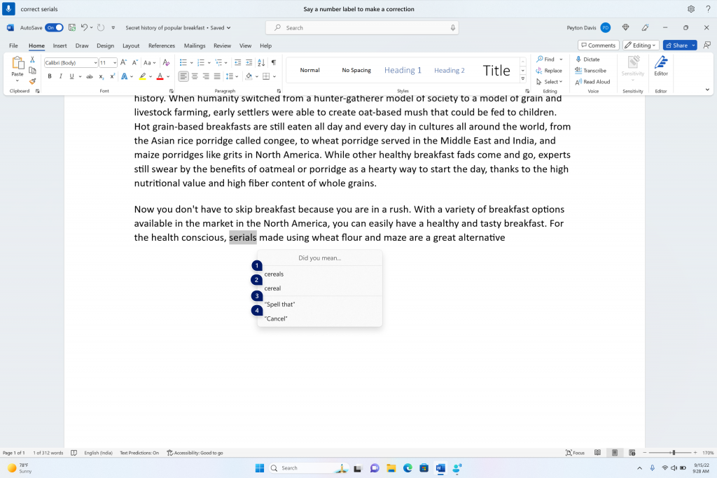 Documento word mostrando janela de correções com candidatos ao texto “cereais”.
