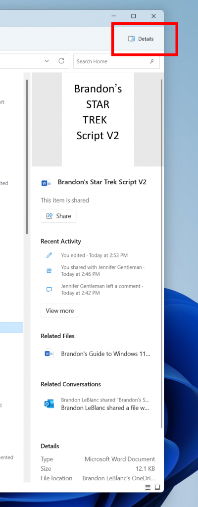 New modernized details pane in File Explorer.