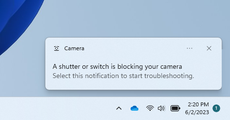 Pop-up dialog with the recommendation to launch the automated Get Help troubleshooter to resolve camera issues.