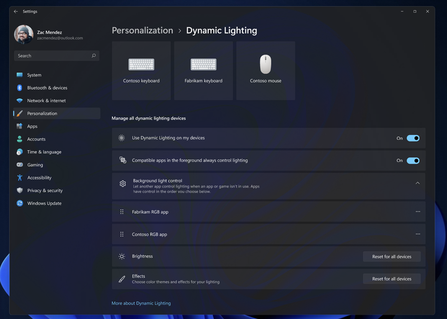 The new Dynamic Lighting settings page.