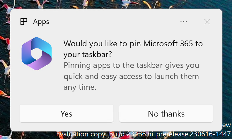 New dialog that is displayed based on the updated API for pinning apps to the taskbar. 