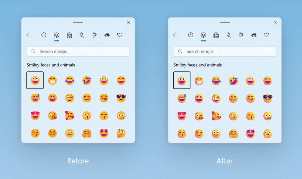 Vorher und nachher des aktualisierten Farbformats für Emojis.