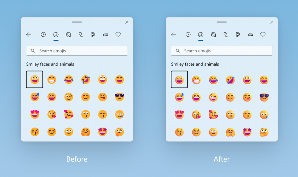 Antes y despus del formato de color actualizado para emoji.