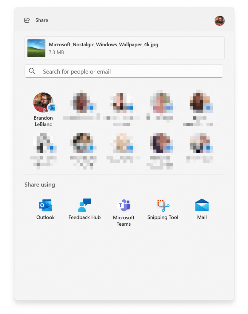 Finestra di condivisione di Windows aggiornata con una nuova casella di ricerca, più contatti di suggerimento e condivisione di Outlook.