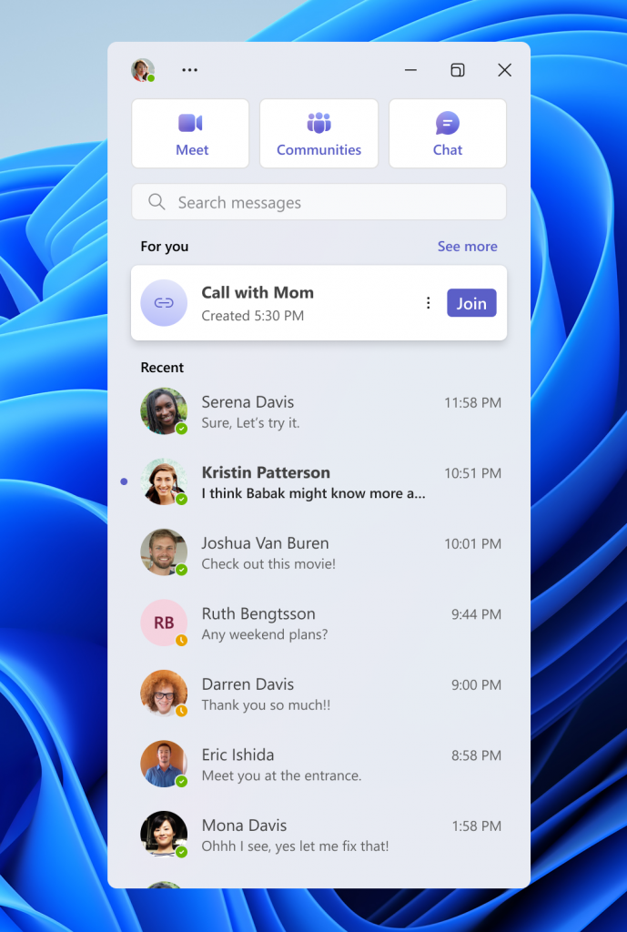 New mini communications experience in Microsoft Teams (free).