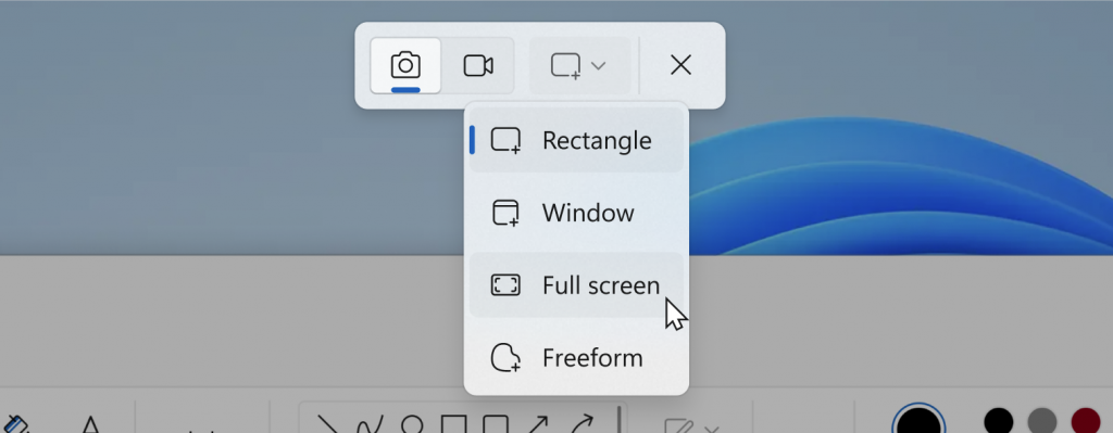 Snipping Tool combined capture bar showing screenshot capture options.