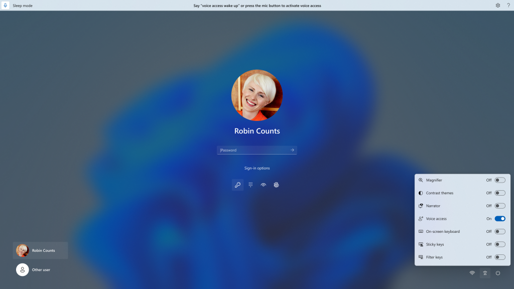 Você pode usar o acesso de voz para fazer login no seu PC e acessar outras áreas da tela de bloqueio.