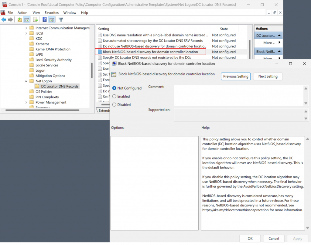 Screenshot of the BlockNetBIOSDiscovery Group Policy setting.