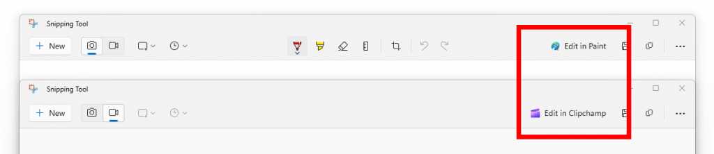 New buttons in Snipping Tool for editing screen clips in Paint and screen recordings in Clipchamp.