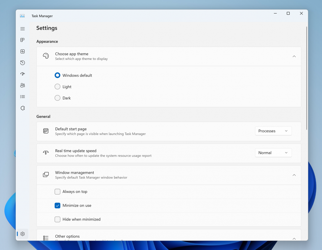 Redesigned Task Manager settings.