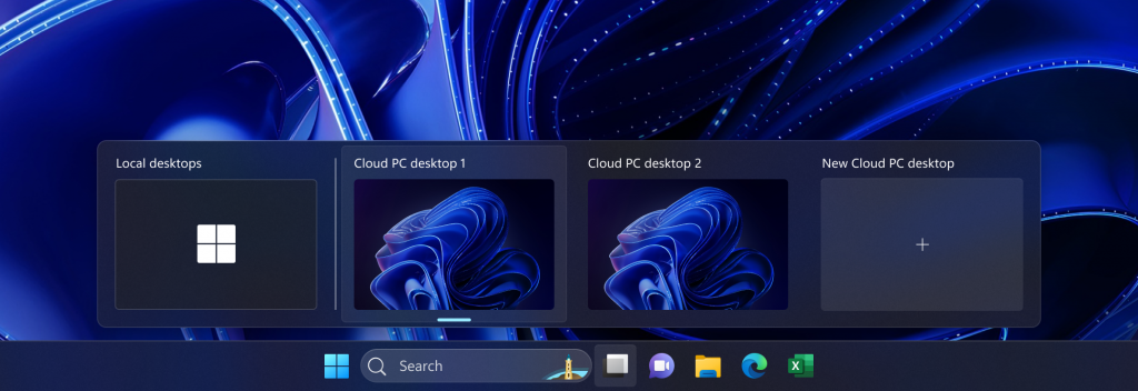 Basculez facilement entre un PC cloud Windows 365 et le bureau local via la vue des tâches.