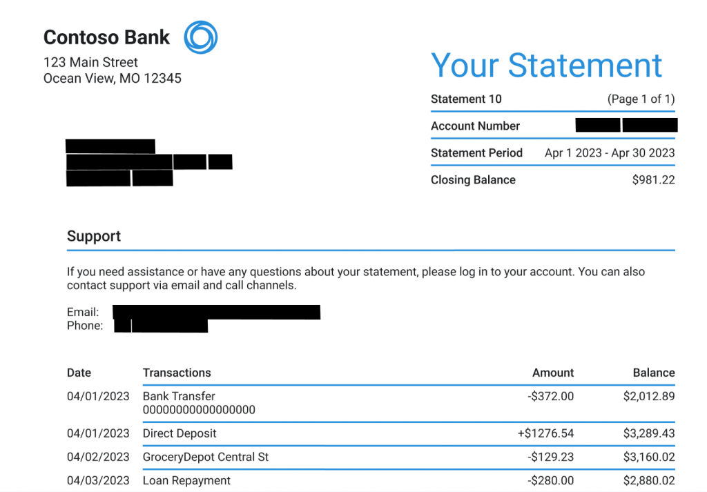 Snipping Tool showing redacted text in a screenshot of a bank statement.