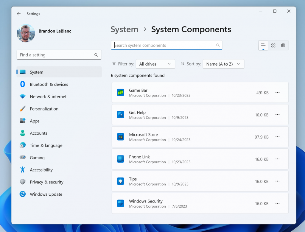 New System Components Settings page.