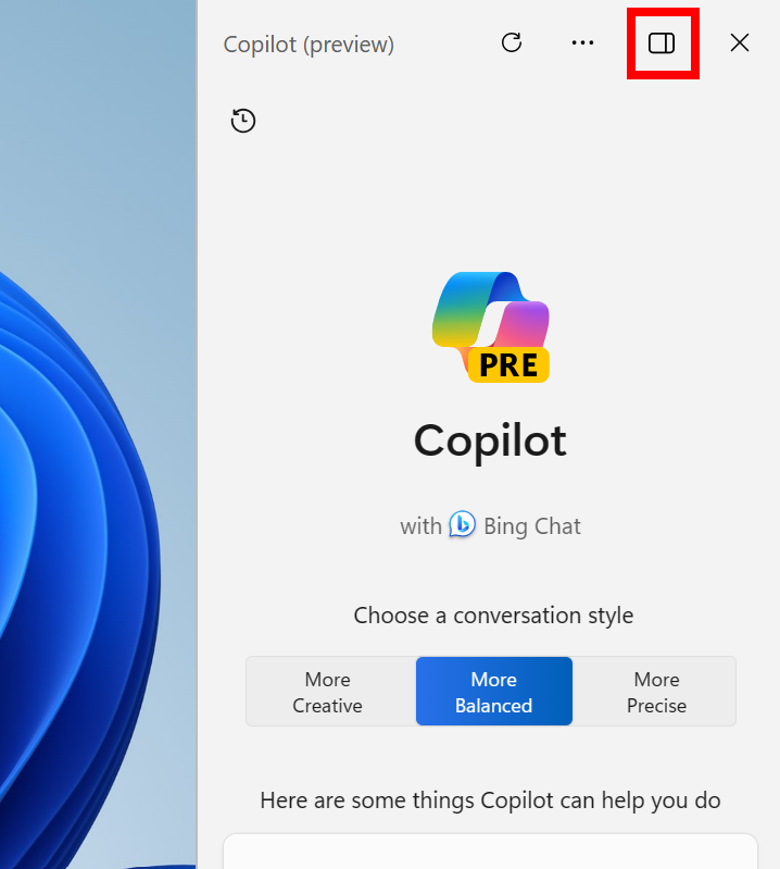 Cliquez sur la nouvelle icône pour détacher le panneau Copilot en haut à droite dans l'en-tête pour détacher Copilot.