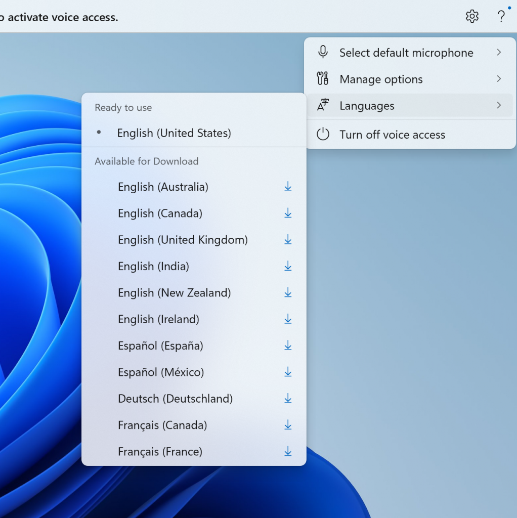Novos idiomas em configurações na barra de acesso por voz.